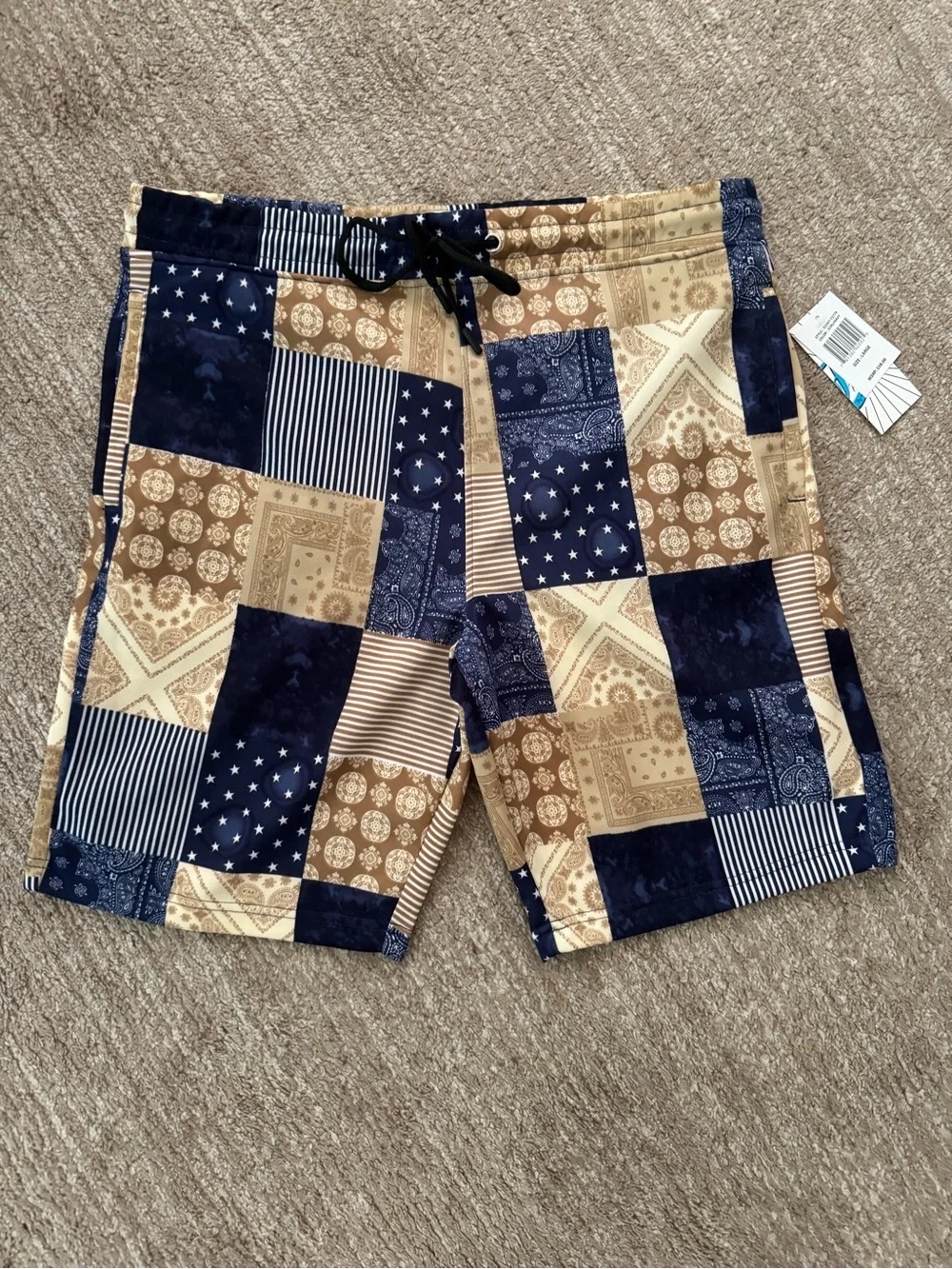 Men's Patchwork Bandana Navy & Tan Shorts Size Large